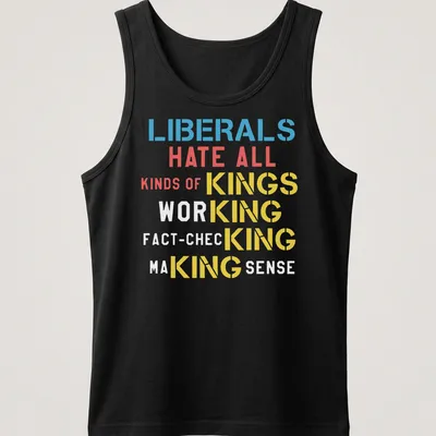 Bold typographic design with political message in blue, red, yellow, and white — printed on a tank top