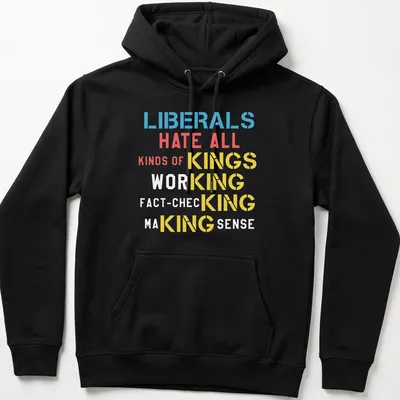 Bold typographic design with political message in blue, red, yellow, and white — printed on a unisex hoodie