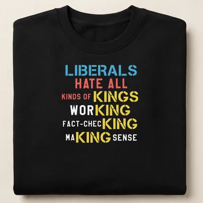 Bold typographic design with political message in blue, red, yellow, and white — printed on a unisex sweatshirt