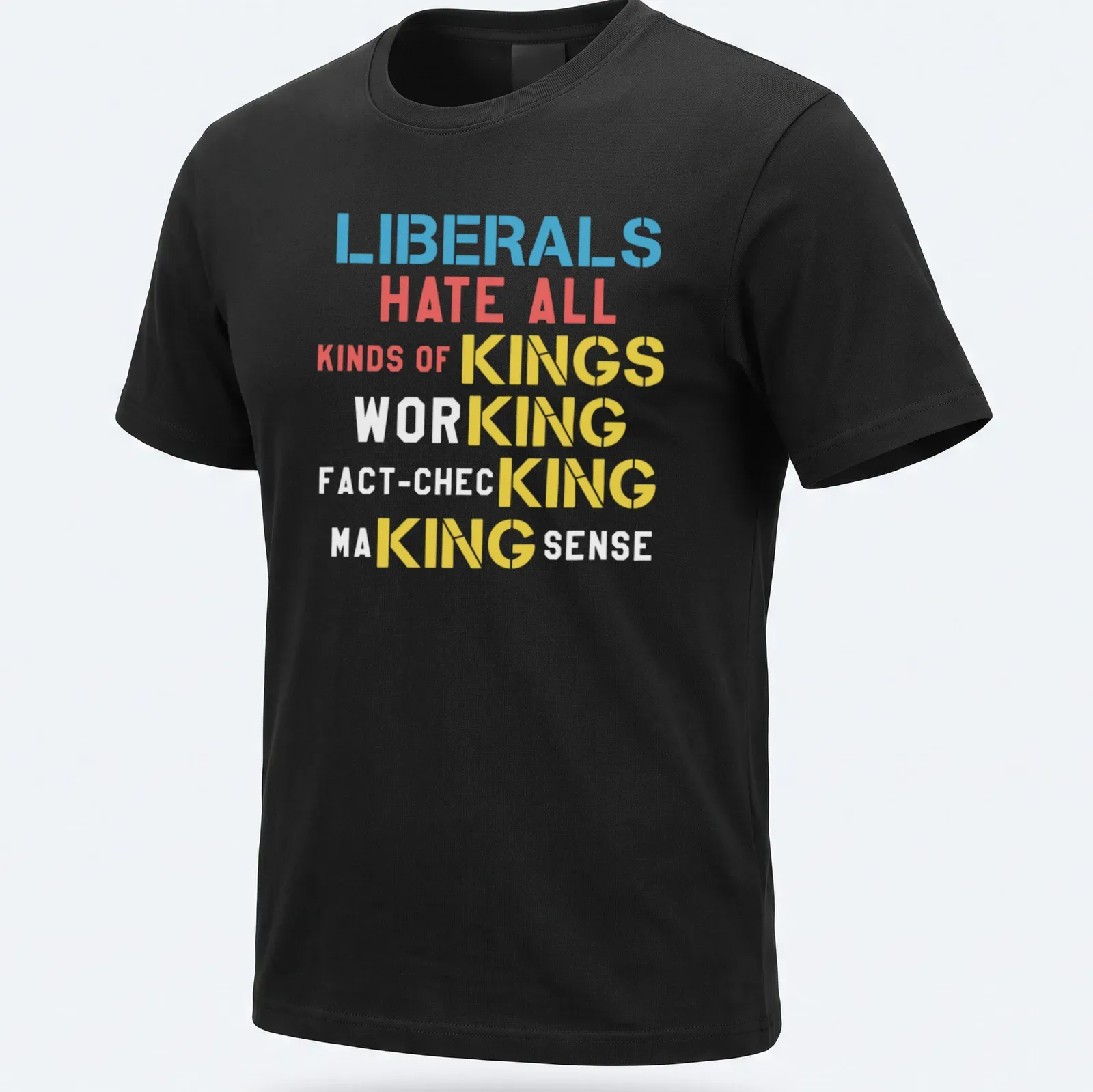 Bold typographic design with political message in blue, red, yellow, and white — printed on a unisex t-shirt