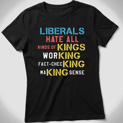 Bold typographic design with political message in blue, red, yellow, and white — printed on a women's shirt