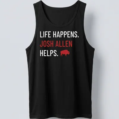 Buffalo Bills shirt with bold text about Josh Allen and a buffalo graphic in red and white — printed on a tank top