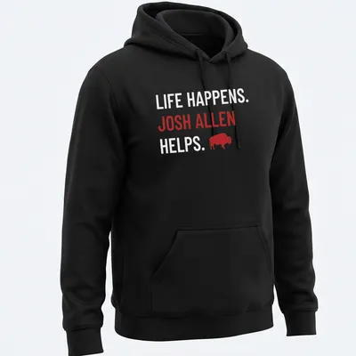 Buffalo Bills shirt with bold text about Josh Allen and a buffalo graphic in red and white — printed on a unisex hoodie