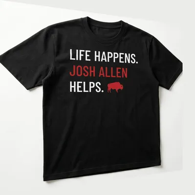 Buffalo Bills shirt with bold text about Josh Allen and a buffalo graphic in red and white — printed on a unisex t-shirt (angled view)