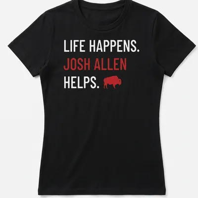Buffalo Bills shirt with bold text about Josh Allen and a buffalo graphic in red and white — printed on a women's shirt