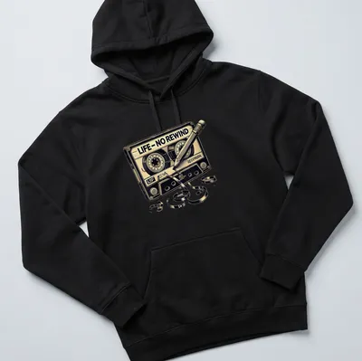 Vintage cassette tape T-shirt with nostalgic text in black and gold — printed on a unisex hoodie