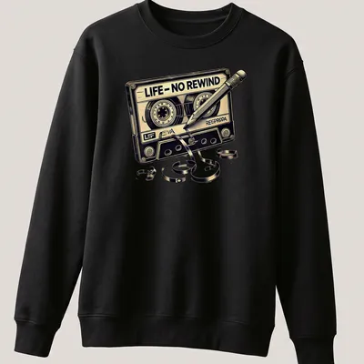 Vintage cassette tape T-shirt with nostalgic text in black and gold — printed on a unisex sweatshirt