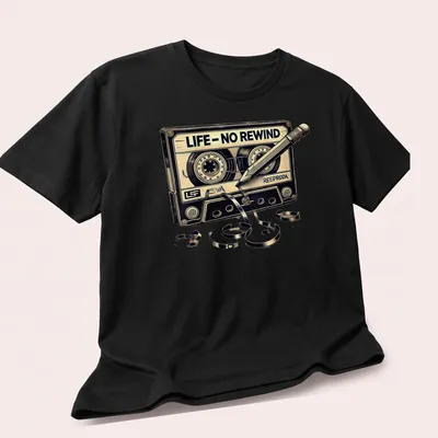 Vintage cassette tape T-shirt with nostalgic text in black and gold — printed on a unisex t-shirt (angled view)