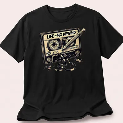 Vintage cassette tape T-shirt with nostalgic text in black and gold