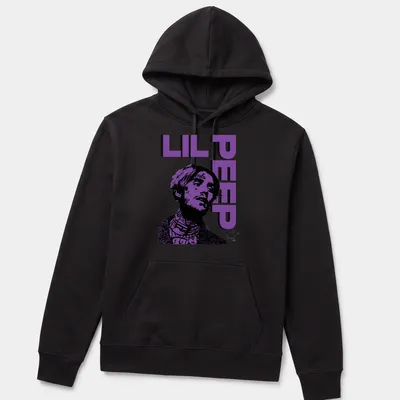 Bold graphic Lil Peep shirt featuring a stylized illustration in purple and black — printed on a unisex hoodie