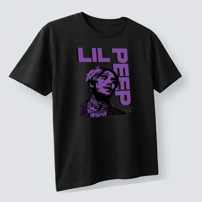 Bold graphic Lil Peep shirt featuring a stylized illustration in purple and black — printed on a unisex t-shirt (angled view)