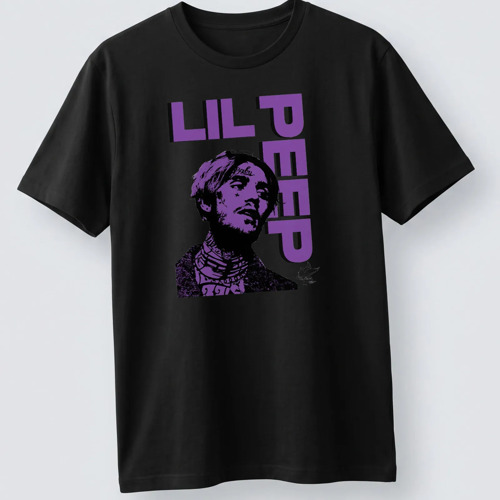 Bold graphic Lil Peep shirt featuring a stylized illustration in purple and black — printed on a unisex t-shirt