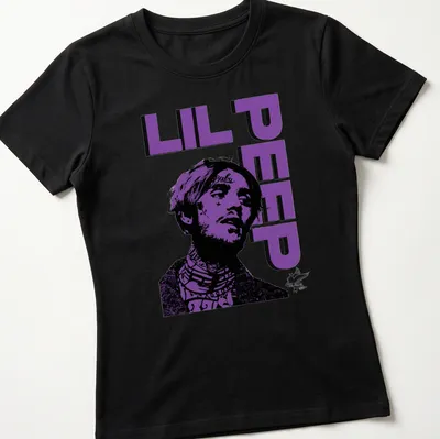 Bold graphic Lil Peep shirt featuring a stylized illustration in purple and black — printed on a women's shirt