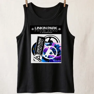 Linkin Park logo in modern graphic style with bold colors, black, white, blue, and purple — printed on a tank top