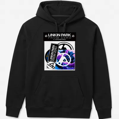 Linkin Park logo in modern graphic style with bold colors, black, white, blue, and purple — printed on a unisex hoodie