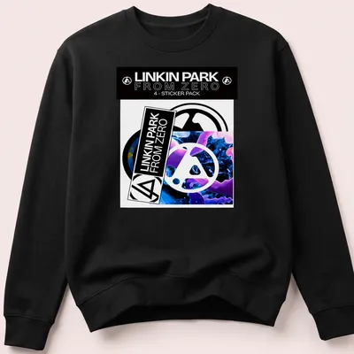 Linkin Park logo in modern graphic style with bold colors, black, white, blue, and purple — printed on a unisex sweatshirt