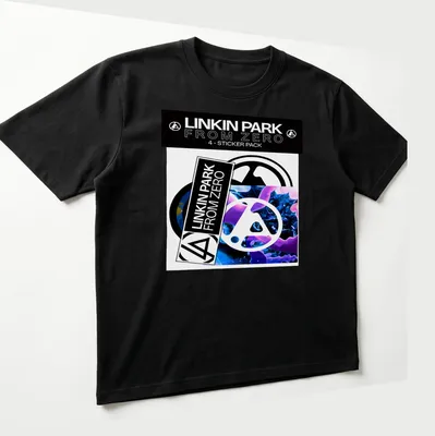 Linkin Park logo in modern graphic style with bold colors, black, white, blue, and purple — printed on a unisex t-shirt (angled view)
