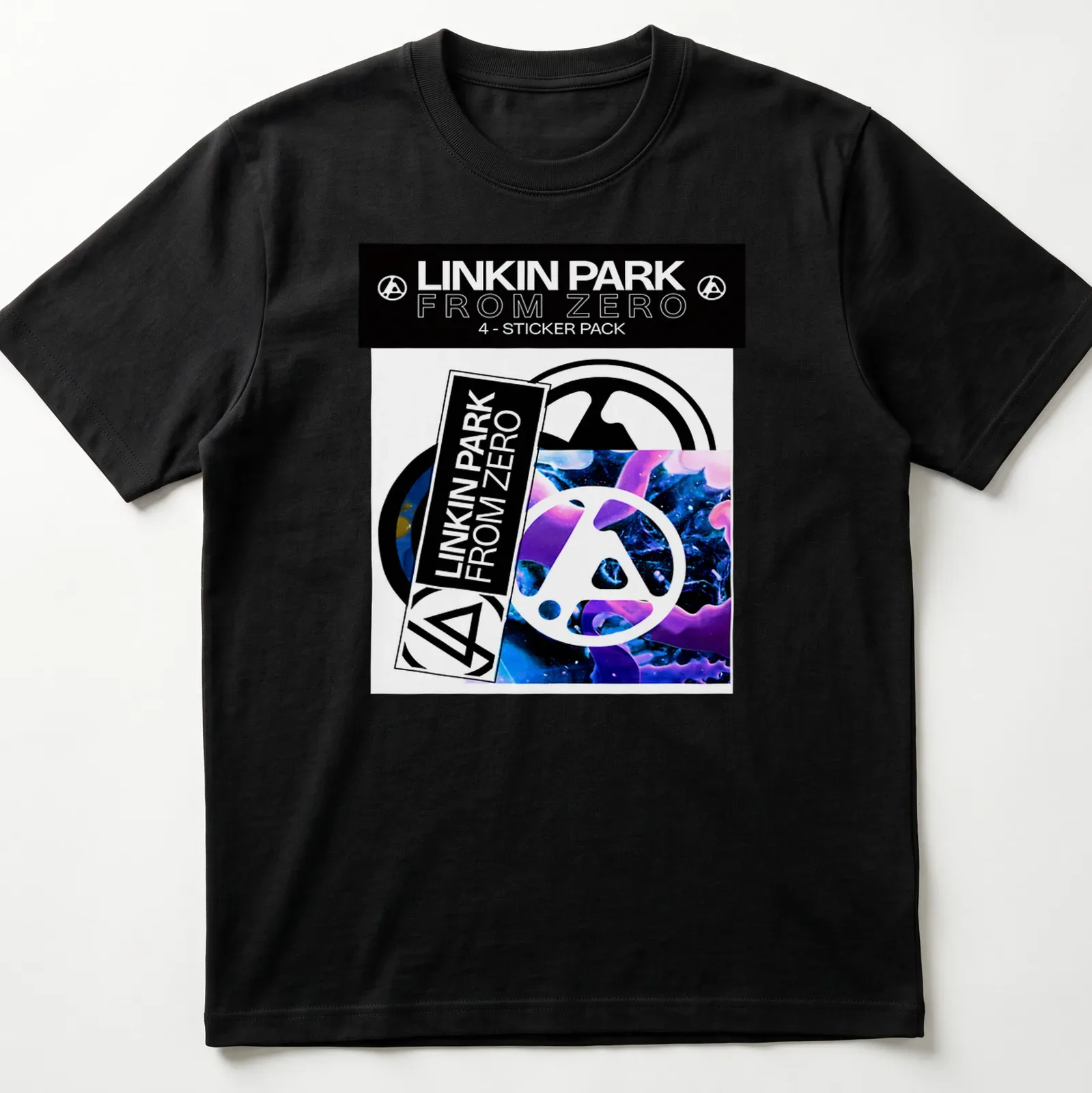 Linkin Park logo in modern graphic style with bold colors, black, white, blue, and purple — printed on a unisex t-shirt