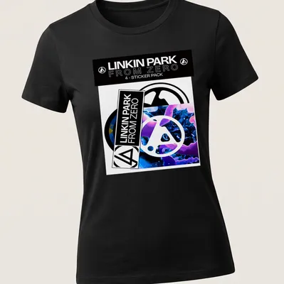 Linkin Park logo in modern graphic style with bold colors, black, white, blue, and purple — printed on a women's shirt