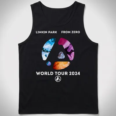 Modern abstract print of Linkin Park logo with concert tour details in bright colors — printed on a tank top