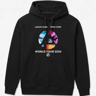 Modern abstract print of Linkin Park logo with concert tour details in bright colors — printed on a unisex hoodie