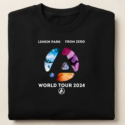 Modern abstract print of Linkin Park logo with concert tour details in bright colors — printed on a unisex sweatshirt