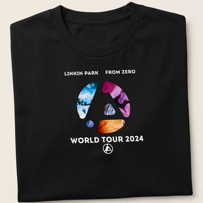 Modern abstract print of Linkin Park logo with concert tour details in bright colors
