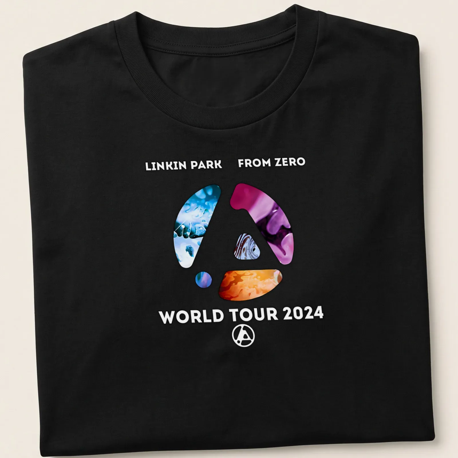 Modern abstract print of Linkin Park logo with concert tour details in bright colors — printed on a unisex t-shirt