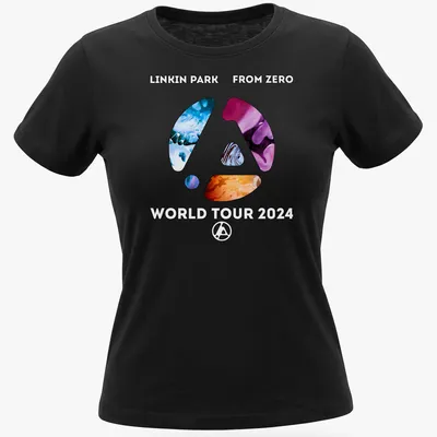 Modern abstract print of Linkin Park logo with concert tour details in bright colors — printed on a women's shirt