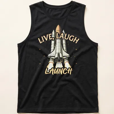 Cartoon rocket graphic with the phrase Live, Laugh, Launch in orange and gray — printed on a tank top