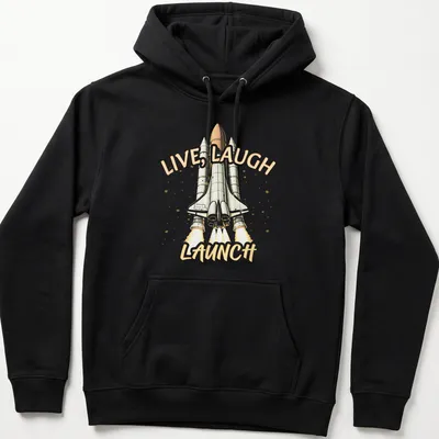 Cartoon rocket graphic with the phrase Live, Laugh, Launch in orange and gray — printed on a unisex hoodie