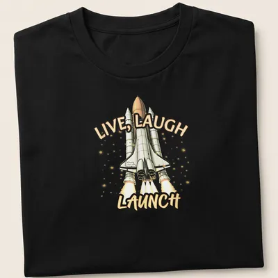Cartoon rocket graphic with the phrase Live, Laugh, Launch in orange and gray