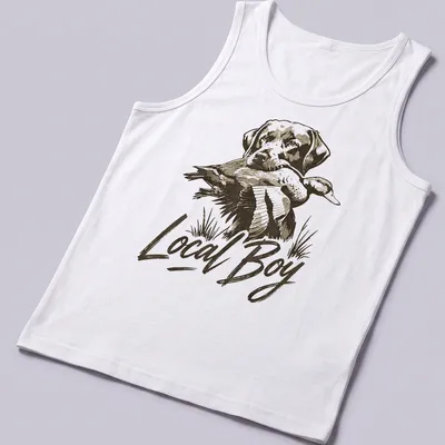 Vintage print of a dog with a duck, featuring the text 'Local Boy' above the graphic — printed on a tank top