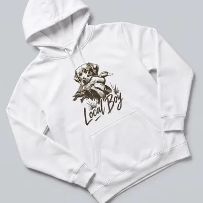 Vintage print of a dog with a duck, featuring the text 'Local Boy' above the graphic — printed on a unisex hoodie