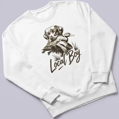 Vintage print of a dog with a duck, featuring the text 'Local Boy' above the graphic — printed on a unisex sweatshirt