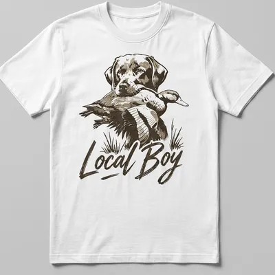 Vintage print of a dog with a duck, featuring the text 'Local Boy' above the graphic