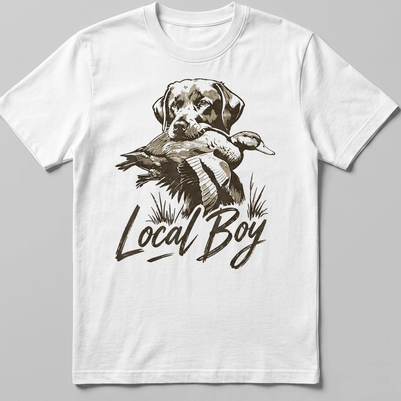 Vintage print of a dog with a duck, featuring the text 'Local Boy' above the graphic — printed on a unisex t-shirt