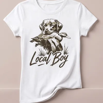 Vintage print of a dog with a duck, featuring the text 'Local Boy' above the graphic — printed on a women's shirt