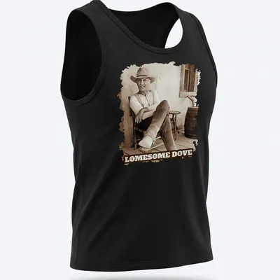 Vintage sepia cowboy design with the text 'LOMESOME DOVE' printed above. — printed on a tank top