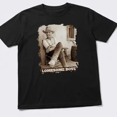 Vintage sepia cowboy design with the text 'LOMESOME DOVE' printed above.