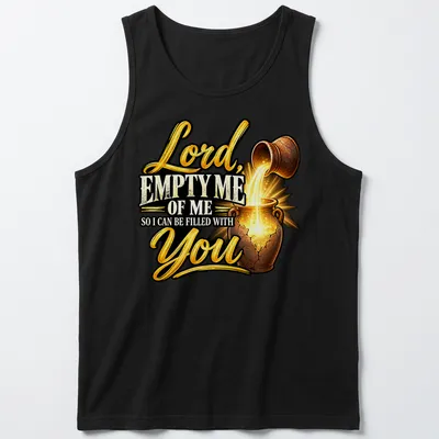 Illustrative shirt featuring a pouring pot and text about spiritual fulfillment — printed on a tank top