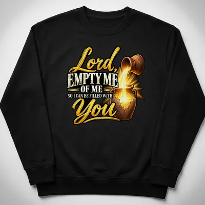 Illustrative shirt featuring a pouring pot and text about spiritual fulfillment — printed on a unisex sweatshirt