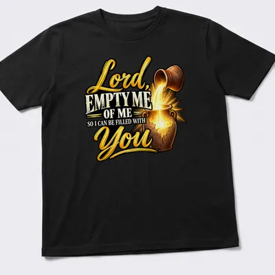 Illustrative shirt featuring a pouring pot and text about spiritual fulfillment