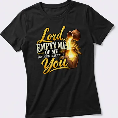 Illustrative shirt featuring a pouring pot and text about spiritual fulfillment — printed on a women's shirt
