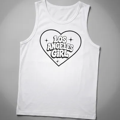 Bold retro Los Angeles Girl T-shirt with heart design in black and white — printed on a tank top