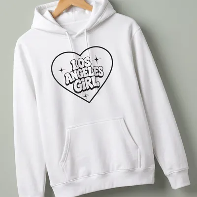 Bold retro Los Angeles Girl T-shirt with heart design in black and white — printed on a unisex hoodie
