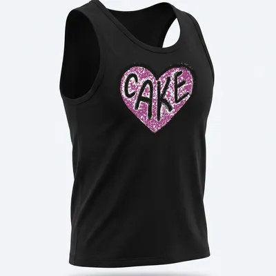 Glittery Love Cake t-shirt featuring a heart design in pink, black, and white — printed on a tank top