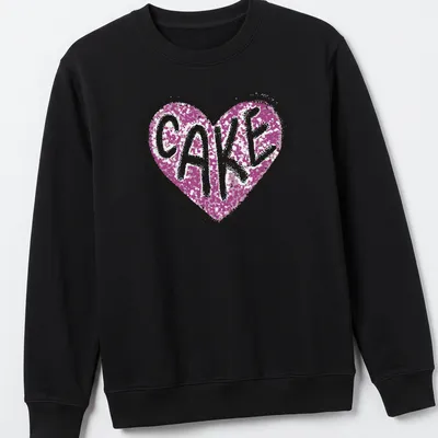 Glittery Love Cake t-shirt featuring a heart design in pink, black, and white — printed on a unisex sweatshirt