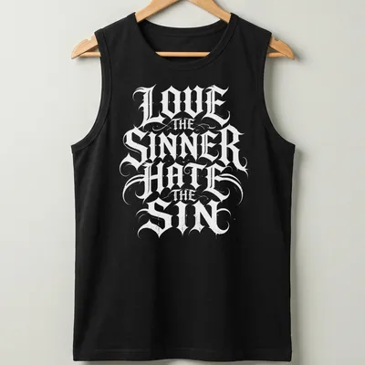Gothic lettering T-shirt featuring 'Love The Sinner Hate The Sin' in black and white. — printed on a tank top