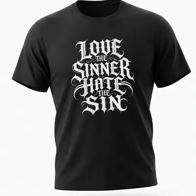 Gothic lettering T-shirt featuring 'Love The Sinner Hate The Sin' in black and white.